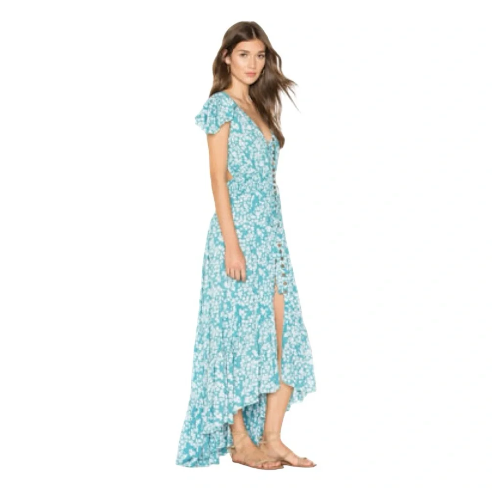 Tiare Hawaii Teal Floral Button Front Maxi Dress Ruffle Sleeve S/M NWOT